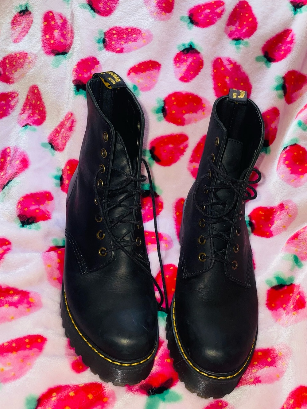 Dr. Martens Black Lace-Up Platform Boots with Yellow Stitching